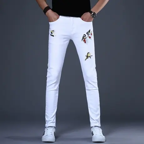 男士刺绣花白色牛仔裤男2023新款秋款男款潮牌修身小脚裤休闲裤子图片