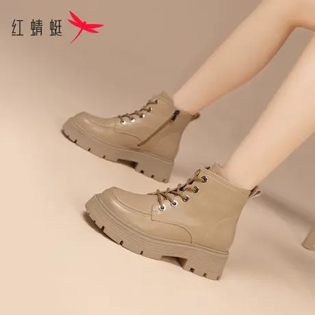 红蜻蜓女鞋卡其色马丁靴女2023秋冬新款学生潮英伦风靴子厚底短靴商品大图