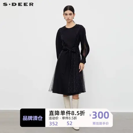 sdeer圣迪奥女装优雅圆领网纱收腰长袖连衣裙S233Z12C4图片