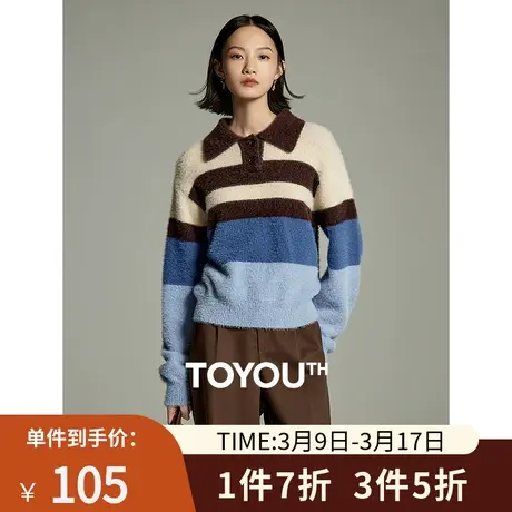 TOYOUTH初语仿貂毛复古拼色针织衫女2023冬季新款翻领毛衣商品大图