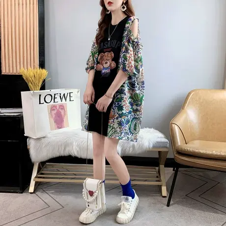 大码女装2023年新款设计感露肩短袖t恤女胖mm碎花中长款上衣200斤图片