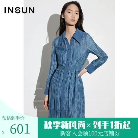 恩裳COVER2023年春款新款莱赛尔经典黑压褶肌理感腰间打揽连衣裙图片
