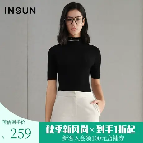 恩裳商场同款春季五分袖修身显瘦半高领针织衫女套头上衣商品大图