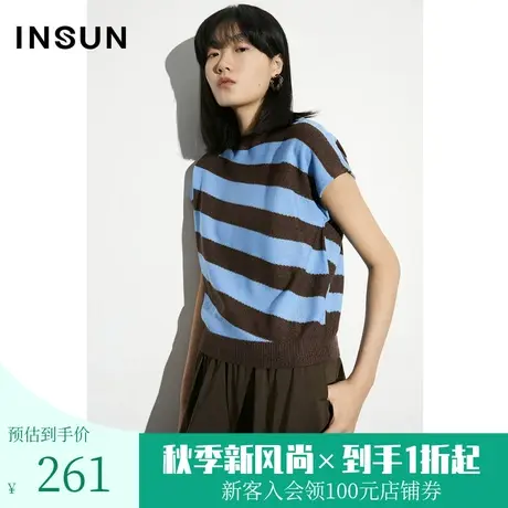 恩裳COVER2023年夏款新款简约撞色条纹一片袖下摆罗纹兜量针织衫图片