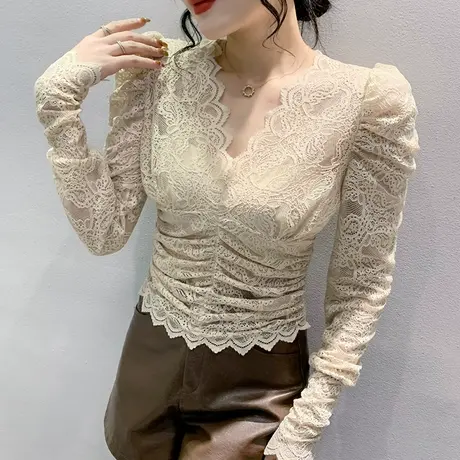 性感V领短款蕾丝衫女春秋欧货时尚泡泡袖上衣修身气质打底衫长袖图片