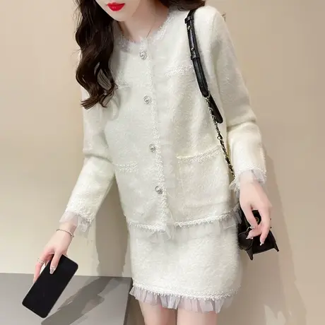 流苏水貂绒小香风两件套裙子套装外套秋季新款时尚爆款毛衣开衫女图片