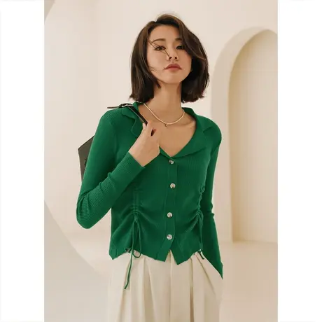 弥古法式复古绿色针织衫上衣女小众设计感抽绳薄款翻领polo衫秋季商品大图