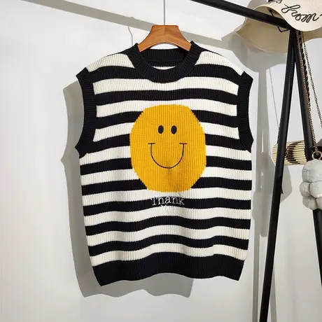 条纹针织马甲女秋冬新款韩版宽松慵懒风笑脸刺绣毛衣背心马夹外套商品大图