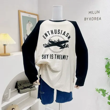 韩国东大门上衣复古美式字母插肩袖长袖T恤宽松包臀2022秋装新款图片