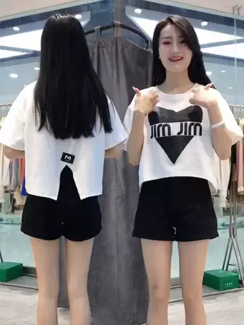 2023春夏新款不规则t恤女圆领时尚宽松遮肉爱心印花后背开叉体恤商品大图