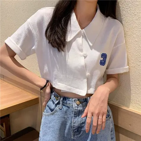 ins超火设计感小众短袖t恤女2023宽松韩版高腰显瘦短款露脐上衣服商品大图