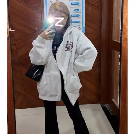 美式复古hiphop卫衣女春秋设计感小众上衣慵懒风连帽薄款开衫外套商品大图