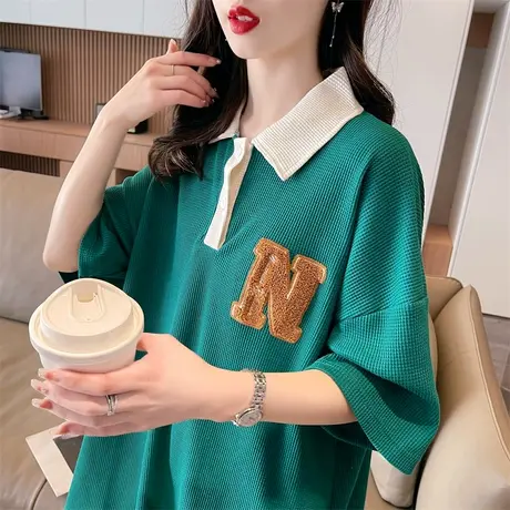 翻领polo衫短袖t恤女夏季韩版宽松大码女装中长款华夫格上衣服潮图片