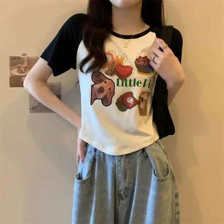 辣妹风修身正肩短袖t恤女夏季美式复古小众设计感独特短款上衣ins商品大图