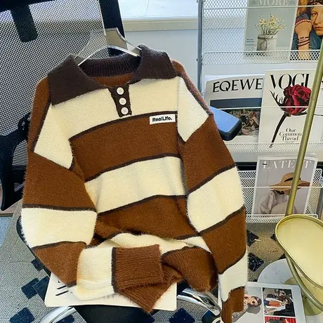 条纹polo领毛衣女秋冬外穿设计感小众宽松日系复古慵懒风软糯外套图片