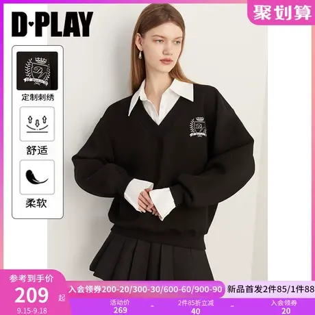DPLAY2023秋装学院风博主强推经典黑刺绣徽标假两件宽松廓形卫衣图片