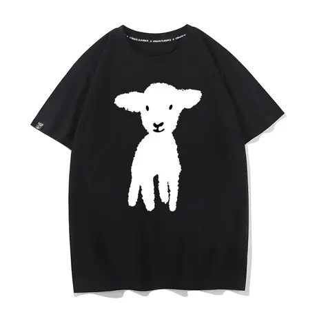 秀洛卡通小绵羊奶呼呼黑色短袖女t恤男女夏季小众设计感纯棉半袖商品大图