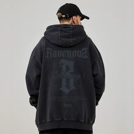 B字母美式复古大码卫衣男装纯棉重磅水洗做旧高街外套加绒春初秋商品大图