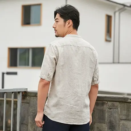 亚麻短袖衬衫夏季薄款男上衣休闲寸衣宽松立领棉麻男士白色衬衣潮商品大图