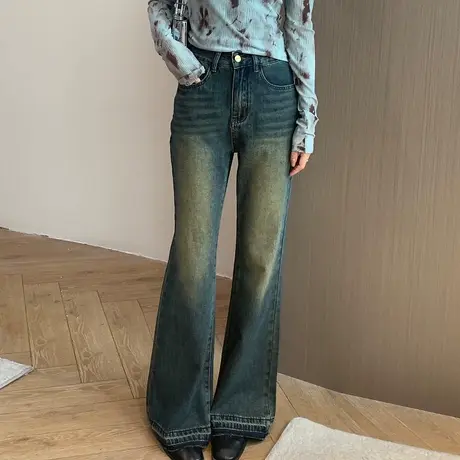 尔给高腰直筒牛仔裤女2024年早春新款小个子裤子美式高街微喇裤商品大图