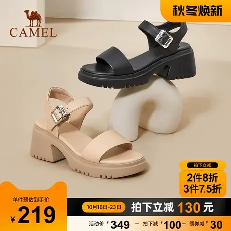骆驼女鞋2023年夏季新款真皮一字带凉鞋女时尚高跟露趾时装凉鞋女商品大图