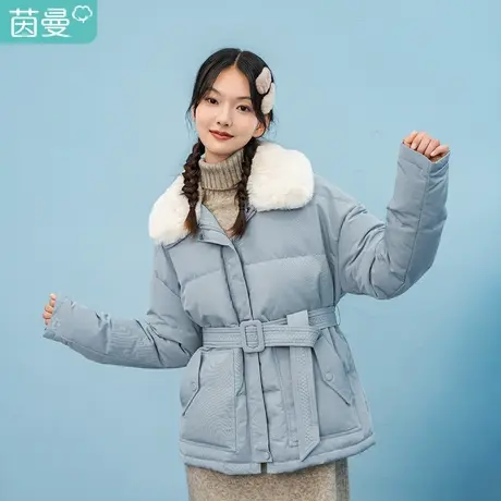 茵曼90白鸭绒羽绒服女装2023年冬季通勤翻领系带收腰显瘦长袖外套图片
