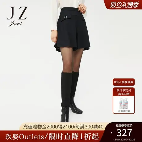 JZ玖姿高腰显瘦A型2022春季新款职业通勤风时尚绵羊毛黑色短裤女商品大图