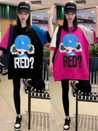 2023新款帽子女孩卡通印花韩版宽松圆领中袖T恤休闲时尚大码上衣商品大图