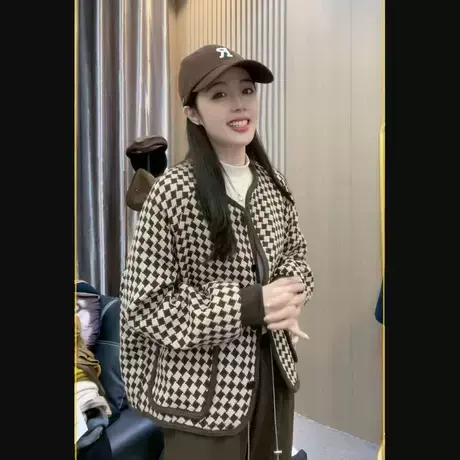 2023春秋新款韩风chic复古棋盘格子夹克上衣短款休闲小香风外套女商品大图