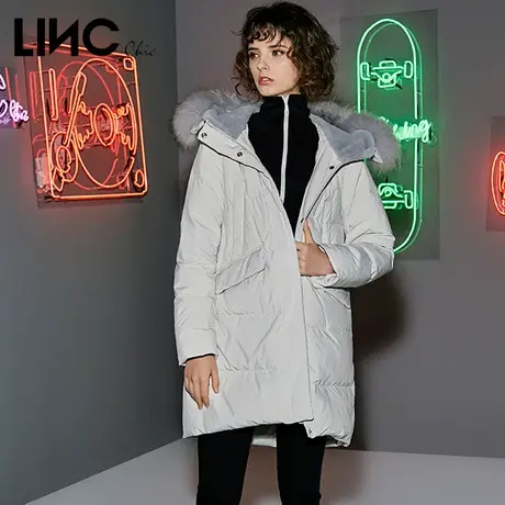 LINC金羽杰羽绒服女新款连帽毛领中长款女款面包服反季断码清仓商品大图
