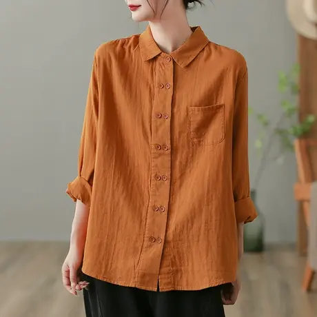 dza 复古翻领长袖衬衫女士春秋新款宽松显瘦上衣休闲百搭口袋衬衣商品大图