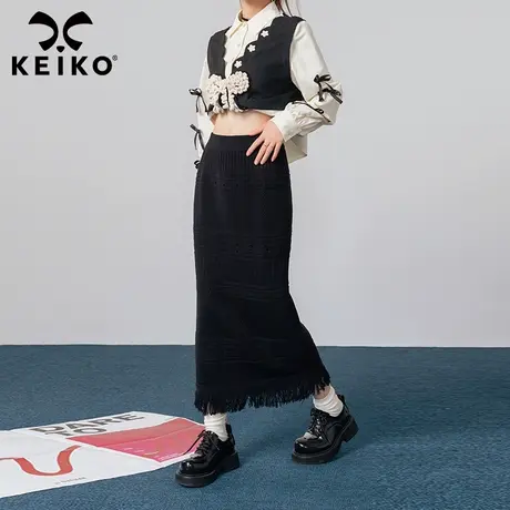 KEIKO 镂空勾花黑色针织半身裙2023秋冬松紧腰垂感流苏摆包臀裙子图片