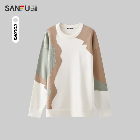 三福2023冬男士不规则拼色包芯纱毛衣 时尚宽松圆领上衣476155商品大图