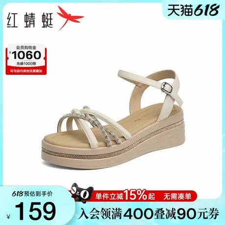 红蜻蜓坡跟凉鞋女款2025夏季新款女鞋一字带鞋子厚底中年妈妈凉鞋图片