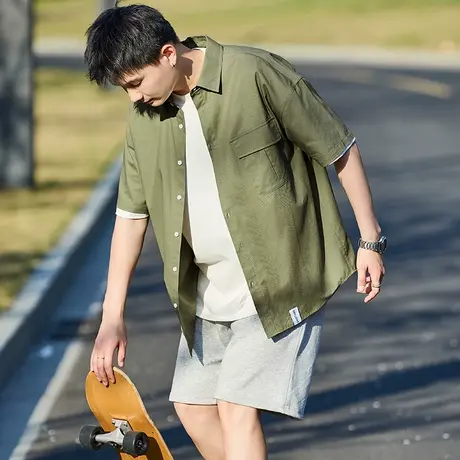 唐狮工装短袖衬衫男夏季新款翻领口袋外套文字印花美式衬衣图片