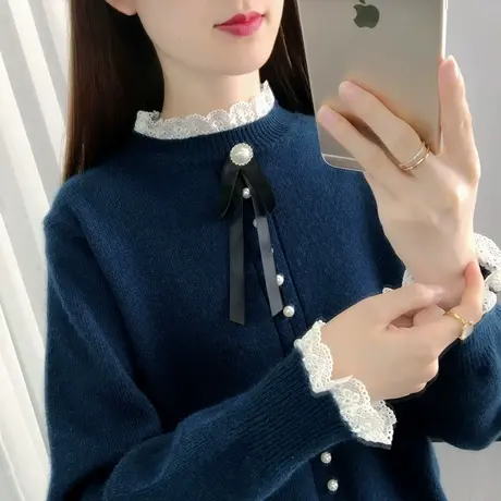 蕾丝花边半高领小香风针织衫上衣2023秋冬新款宽松减龄毛衣女打底图片