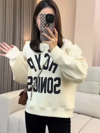 字母印花圆领卫衣女2023秋季新款温柔风杏色百搭慵懒风上衣ins潮商品大图
