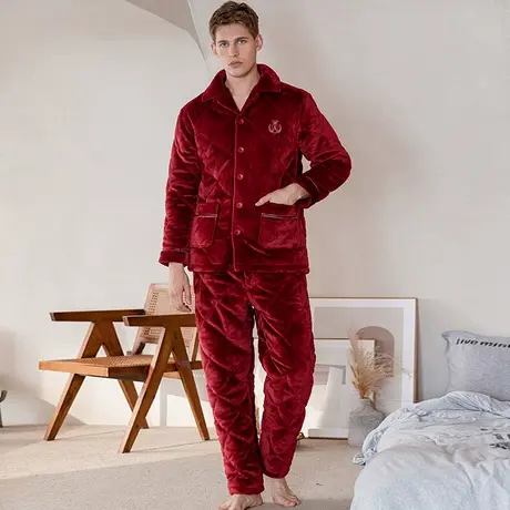 秋鹿珊瑚绒睡衣男加厚纯色秋冬保暖法兰绒青年家居服男士夹棉套装商品大图