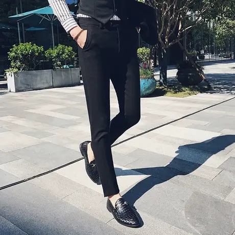 商务休闲黑色小西裤男修身韩版小脚长裤子秋冬款微弹职业西装裤潮图片