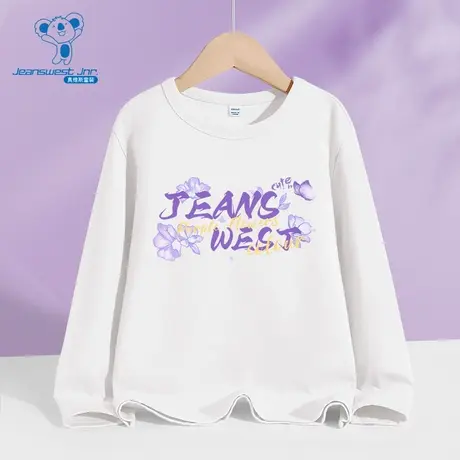 JU真维斯男女同款2025秋季字母花朵印花时尚休闲新款儿童长袖T恤商品大图