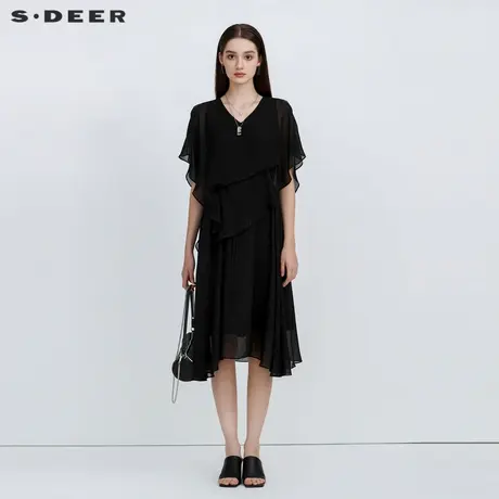 sdeer圣迪奥女装V领露肩雪纺拼接短袖连衣裙S223Z12U9商品大图