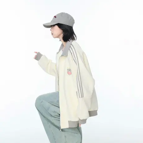 立领撞色条纹拼接印花开衫卫衣外套女美式复古运动休闲情侣上衣图片