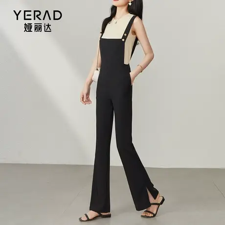 娅丽达背带裤女2025夏季新款裤子黑色微喇裤拖地裤高腰显瘦马蹄裤图片