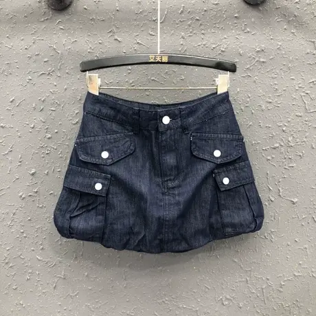 时尚高腰减龄工装短裙女25夏季新款深蓝色设计时尚百搭牛仔包臀裙图片