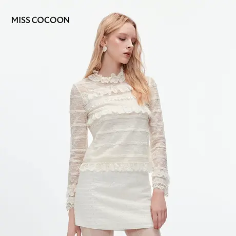 MISSCOCOON可可尼白色花苞立领蕾丝衫女2025冬季新款千金风打底衫商品大图