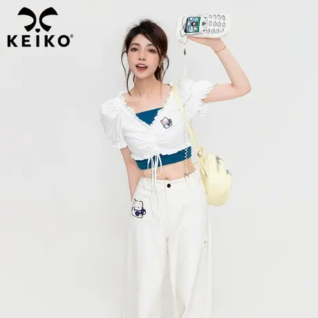 KEIKO 清纯纯欲短款白色t恤夏甜辣假两件露脐小衫泡泡袖抹胸上衣商品大图