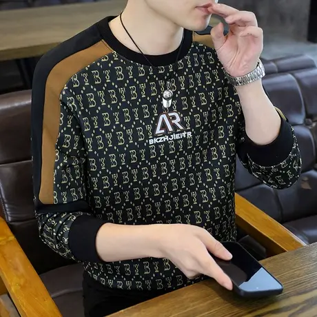 青年潮流拼接撞色卫衣男士韩版潮流时尚休闲2025秋季新款长袖T恤图片