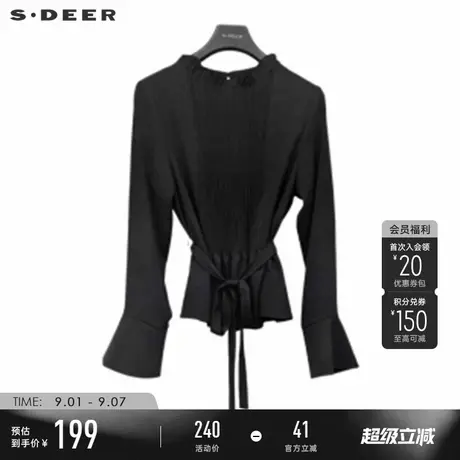 sdeer圣迪奥女装木耳边圆领风琴褶收腰长袖衬衫S233Z0577商品大图
