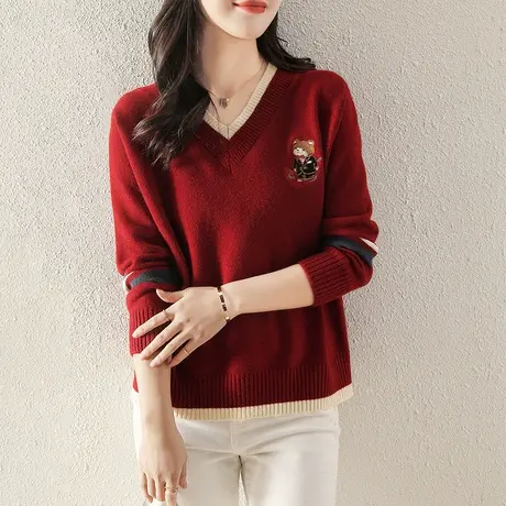 2023秋季新款V领套头针织衫女士秋冬季打底衫学院风毛衣洋气外穿商品大图