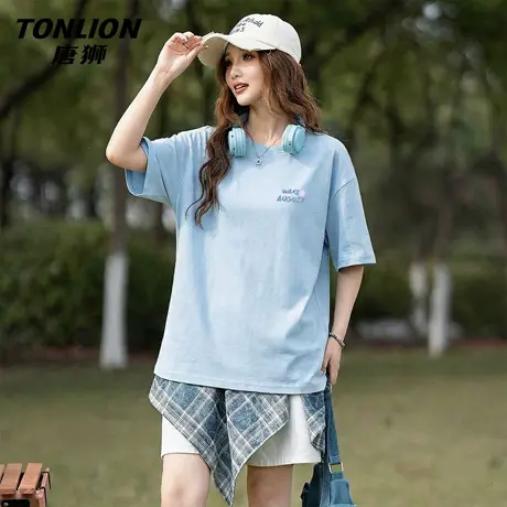 唐狮官方蓝色纯棉短袖t恤女2026新款夏季女士休闲纯棉半袖上衣VB商品大图